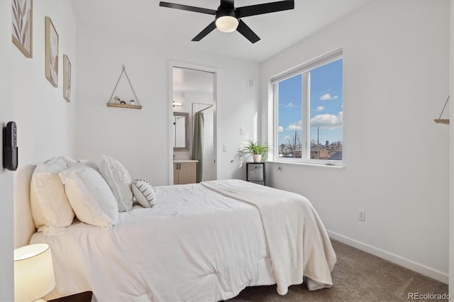 3101 W 47th Ave Unit 14, Denver, CO 80211 - bedroom featuring carpet, ensuite bath, baseboards, and ceiling fan