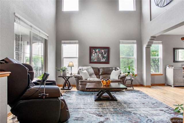 9644 S Estes Way, Littleton, CO 80127 - living room with a towering ceiling, healthy amount of natural light, and wood finished floors