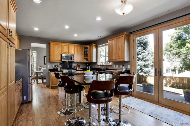 9644 S Estes Way, Littleton, CO 80127 - kitchen with appliances with stainless steel finishes, french doors, light wood-style floors, dark countertops, and recessed lighting