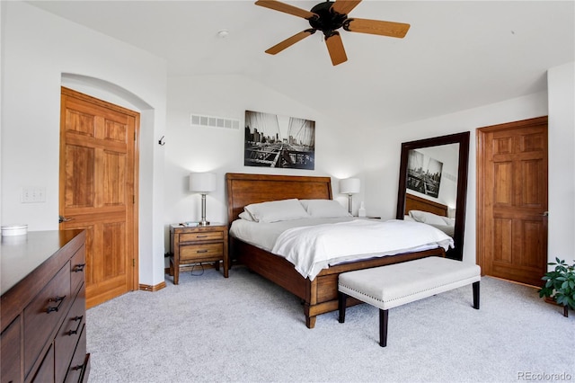 9644 S Estes Way, Littleton, CO 80127 - bedroom featuring vaulted ceiling, light colored carpet, and a ceiling fan