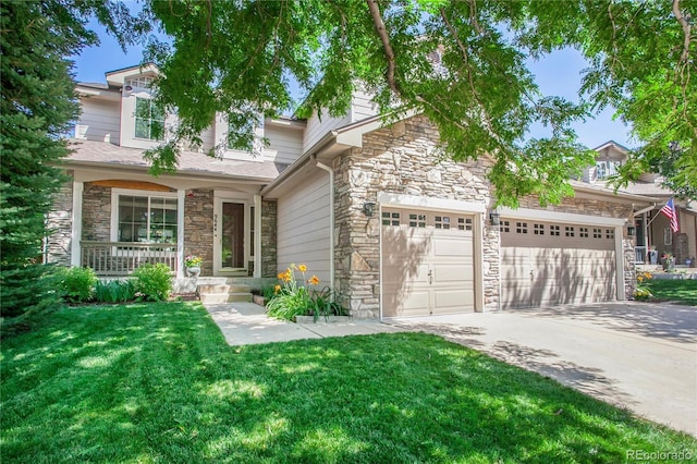 9644 S Estes Way, Littleton, CO 80127 - traditional-style house featuring stone siding, concrete driveway, a front lawn, an attached garage, and covered porch