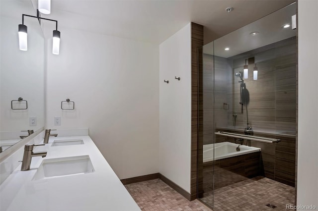 1750 Wewatta St Unit 1102, Denver, CO 80202 - full bath with a shower stall, double vanity, recessed lighting, and tile patterned flooring