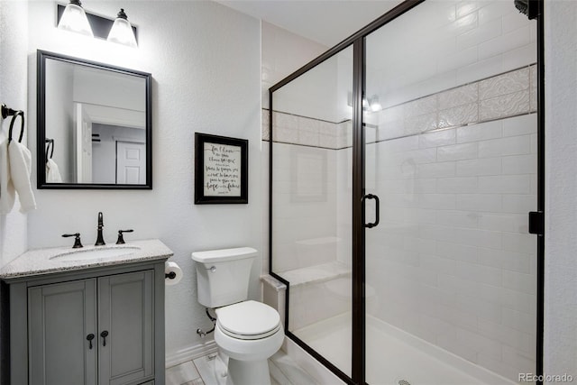 9980 Newton Ct, Westminster, CO 80031 - bathroom with a stall shower, vanity, toilet, and baseboards
