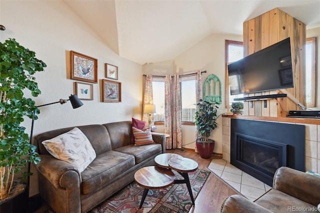 living room with lofted ceiling and light hardwood / wood-style flooring