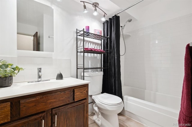 full bathroom with toilet, vanity, shower / bath combination with curtain, tile patterned flooring, and backsplash