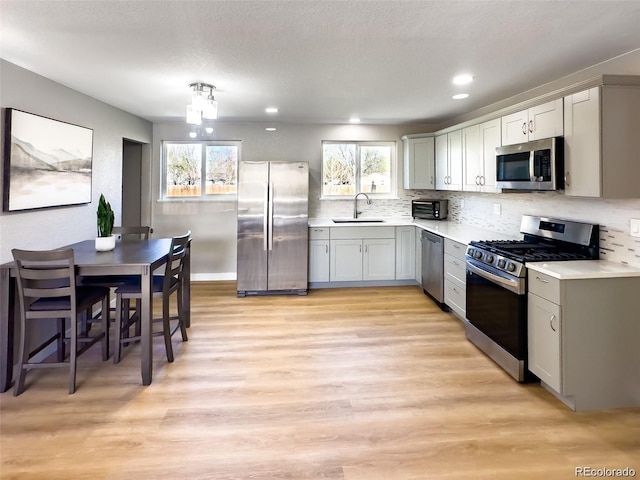 kitchen featuring sink, backsplash, light hardwood / wood-style floors, a textured ceiling, and appliances with stainless steel finishes