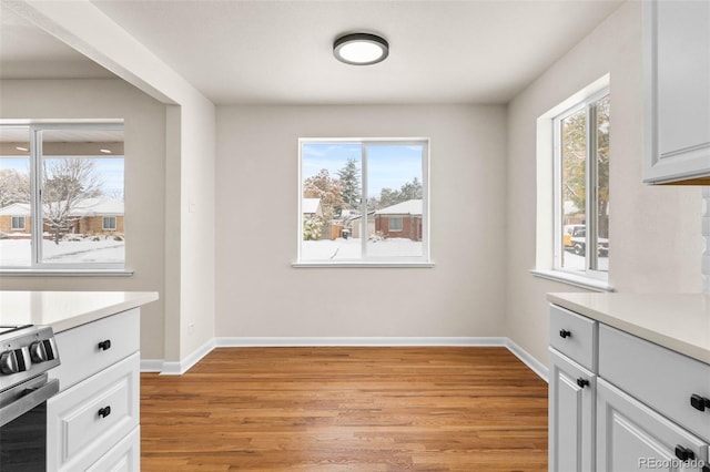 7555 E 22nd Ave, Denver, CO 80207 - unfurnished dining area with light wood-style floors and baseboards