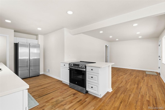 7555 E 22nd Ave, Denver, CO 80207 - kitchen featuring stainless steel appliances, light wood-style flooring, light countertops, white cabinetry, and a peninsula