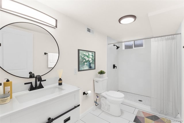 7555 E 22nd Ave, Denver, CO 80207 - full bathroom with toilet, vanity, curtained shower, tile patterned floors, and baseboards