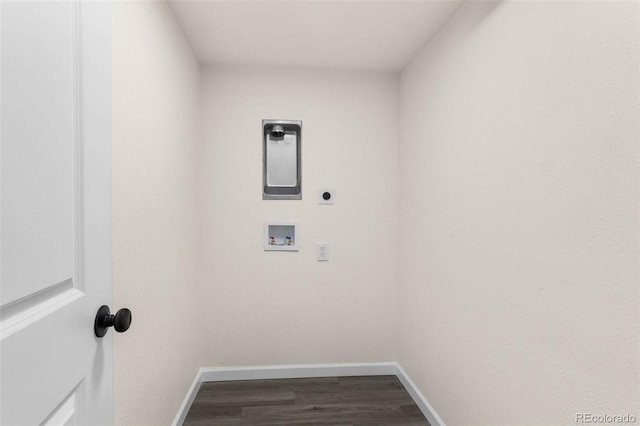 7555 E 22nd Ave, Denver, CO 80207 - washroom with electric dryer hookup, hookup for a washing machine, dark wood finished floors, and baseboards