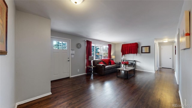 living room with dark hardwood / wood-style flooring