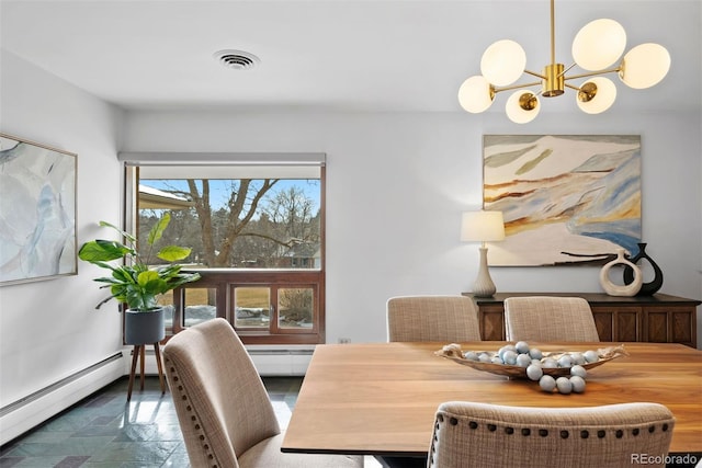 dining space with a baseboard radiator, visible vents, a chandelier, and baseboards