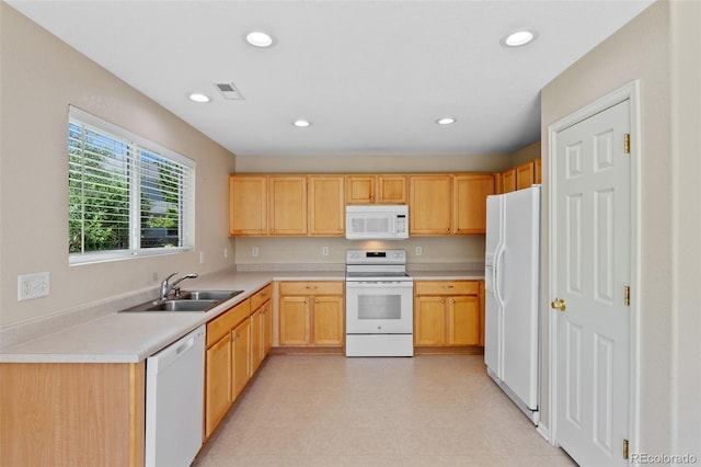 16256 E Otero Pl, Englewood, CO 80112 - kitchen featuring white appliances, a sink, recessed lighting, light countertops, and light brown cabinetry