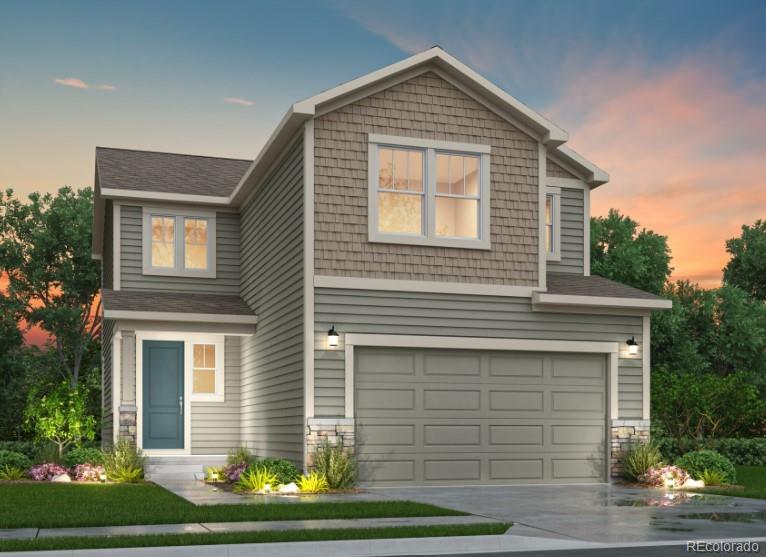 9092 Quintero St, Commerce City, CO 80022 - view of front of property featuring a garage, driveway, and stone siding