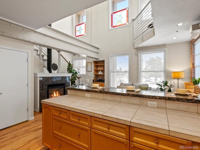 225 N Lincoln St Unit 4, Denver, CO 80203 - kitchen featuring open floor plan, light wood-style floors, brown cabinets, and a fireplace