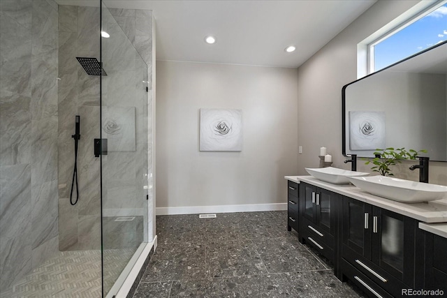5838 S Louthan St, Littleton, CO 80120 - full bathroom with double vanity, tiled shower, and recessed lighting
