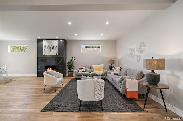 5838 S Louthan St, Littleton, CO 80120 - living area featuring light wood-type flooring, a premium fireplace, and recessed lighting