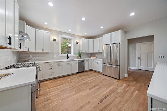 5838 S Louthan St, Littleton, CO 80120 - kitchen featuring stainless steel appliances, tasteful backsplash, light wood-style floors, recessed lighting, and under cabinet range hood