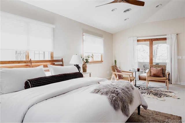 carpeted bedroom with visible vents, baseboards, lofted ceiling, a ceiling fan, and access to outside