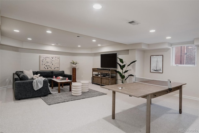 playroom with recessed lighting, visible vents, carpet floors, and baseboards