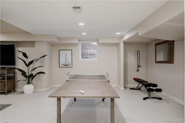 game room with recessed lighting, visible vents, carpet floors, and baseboards