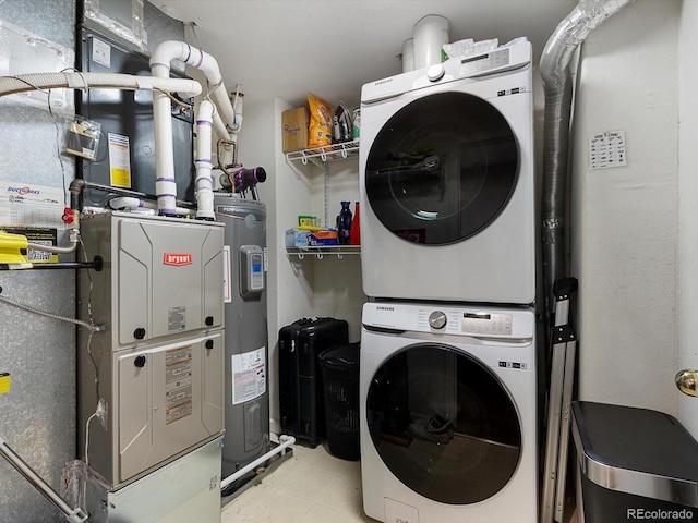 1747 N Pearl St Unit 306, Denver, CO 80203 - laundry room with stacked washer and clothes dryer, water heater, heating unit, and tile patterned floors