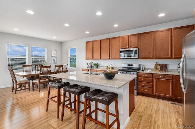 kitchen with appliances with stainless steel finishes, sink, a kitchen island with sink, and a breakfast bar area