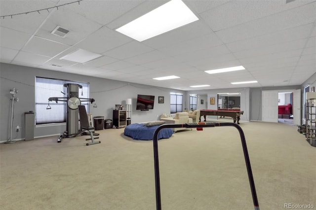 exercise room with carpet flooring, a paneled ceiling, and billiards