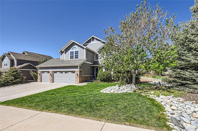 view of front of house with a garage, a front lawn, concrete driveway, and brick siding