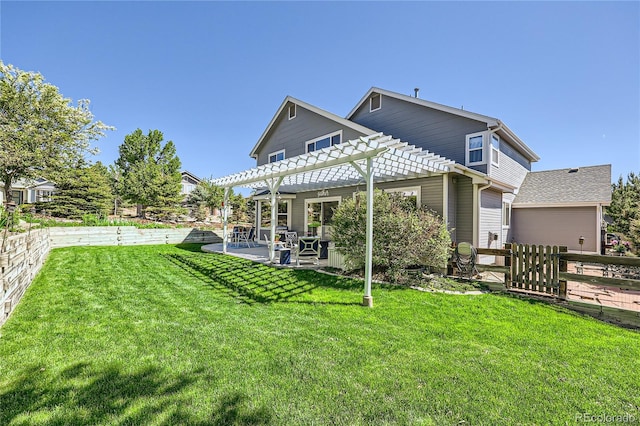 back of house with a lawn, fence, a patio, and a pergola