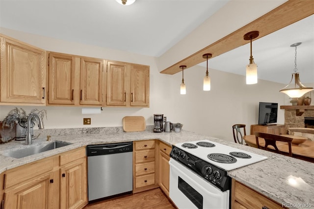 620 Macgregor Ave Unit 11, Estes Park, CO 80517 - kitchen with stainless steel dishwasher, white electric range oven, light brown cabinets, and light stone countertops