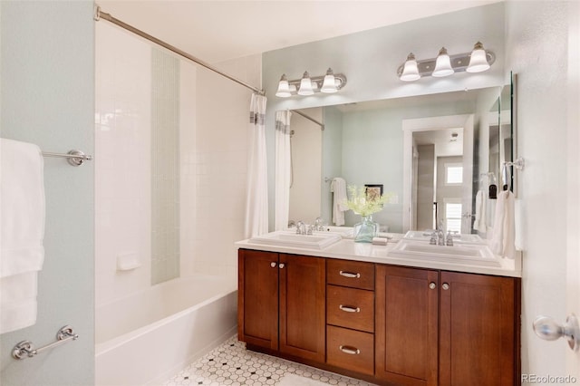 bathroom featuring vanity, shower / tub combo with curtain, and tile patterned floors