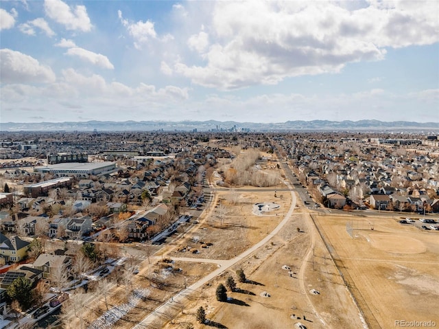 drone / aerial view featuring a mountain view