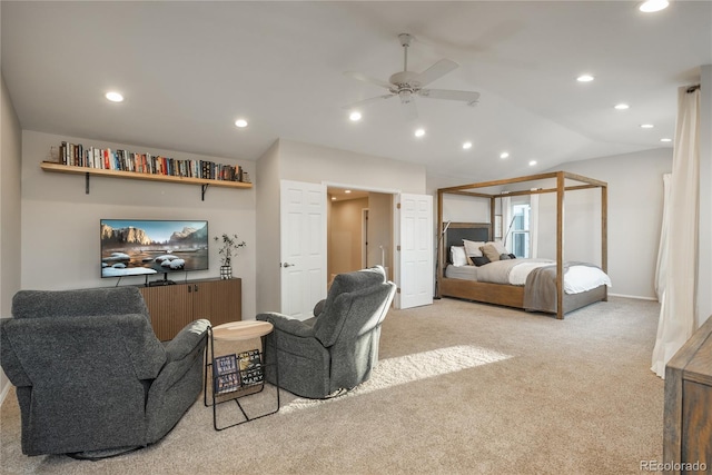 bedroom featuring lofted ceiling, ceiling fan, recessed lighting, carpet flooring, and baseboards