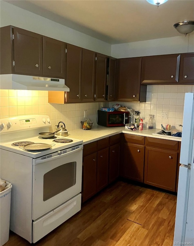 kitchen featuring white appliances, dark brown cabinetry, tasteful backsplash, and dark hardwood / wood-style flooring