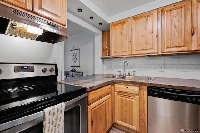 kitchen with stainless steel appliances, sink, and decorative backsplash