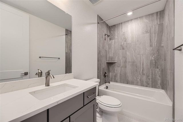 full bathroom featuring shower / bath combination, toilet, and vanity