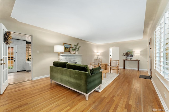 living room featuring a fireplace, light hardwood / wood-style floors, and a wealth of natural light