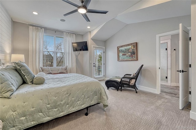 bedroom with lofted ceiling, light carpet, access to exterior, baseboards, and a ceiling fan
