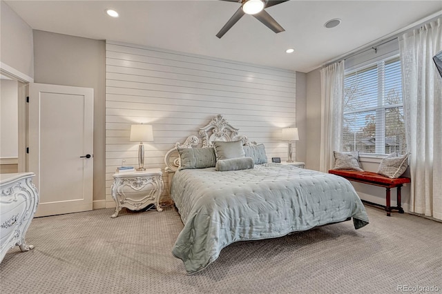 bedroom featuring baseboards, a ceiling fan, recessed lighting, and light colored carpet