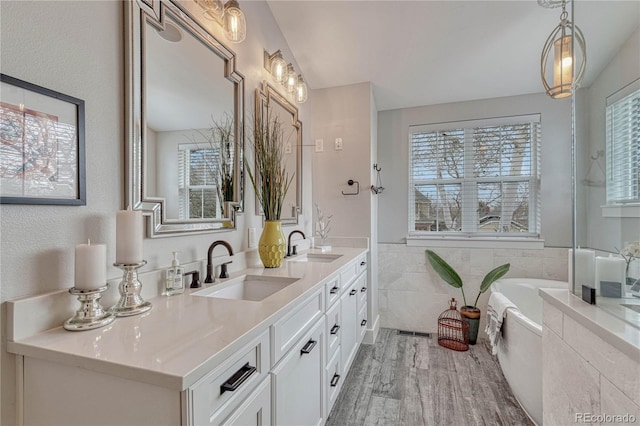 full bathroom featuring a garden tub, a sink, wood finished floors, and double vanity