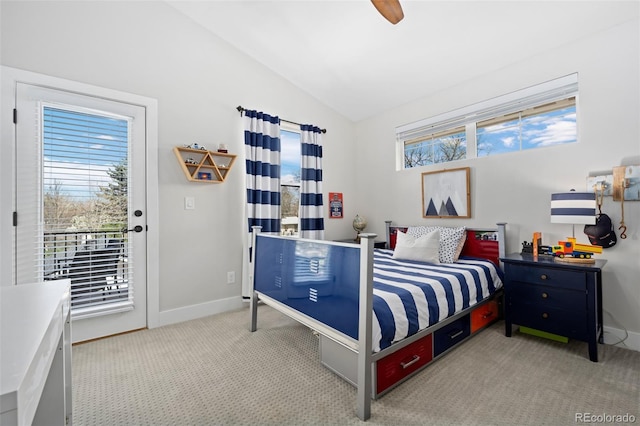 bedroom with access to outside, ceiling fan, light colored carpet, baseboards, and lofted ceiling