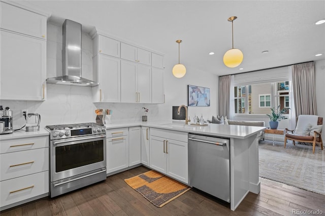 kitchen with dark hardwood / wood-style flooring, stainless steel appliances, sink, wall chimney range hood, and decorative light fixtures