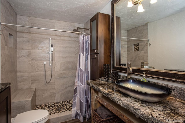 bathroom with vanity, curtained shower, a textured ceiling, and toilet