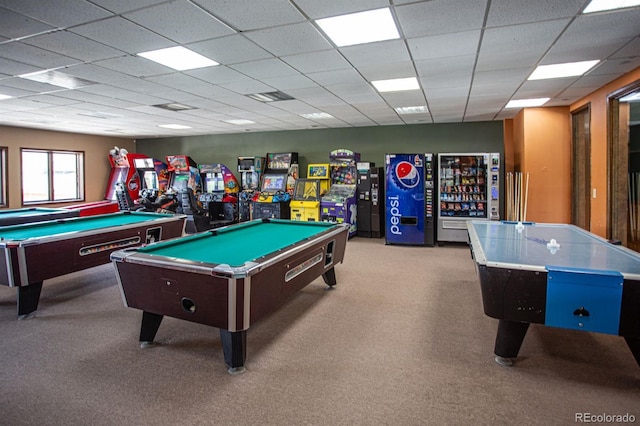 game room with a drop ceiling, light colored carpet, and billiards