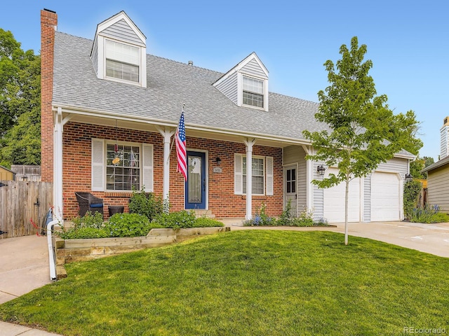 5456 E Briarwood Pl, Centennial, CO 80122 - cape cod house featuring brick siding, a shingled roof, driveway, a chimney, and covered porch