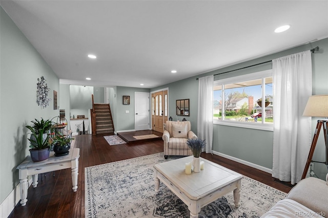 10743 W Turtle Mtn, Littleton, CO 80127 - living room featuring recessed lighting, hardwood / wood-style flooring, baseboards, and stairs