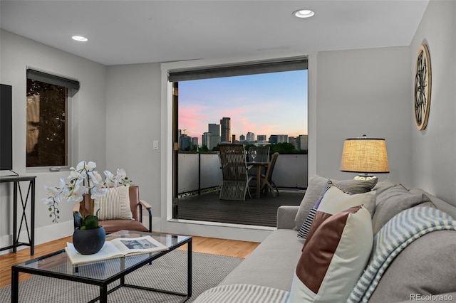 2523 N Humboldt St, Denver, CO 80205 - living room featuring wood finished floors, recessed lighting, and a view of skyline