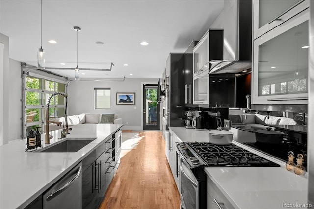 2523 N Humboldt St, Denver, CO 80205 - kitchen featuring appliances with stainless steel finishes, light countertops, light wood-type flooring, and recessed lighting