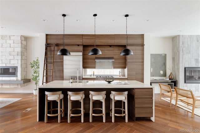 kitchen with stainless steel appliances, a glass covered fireplace, light countertops, and modern cabinets